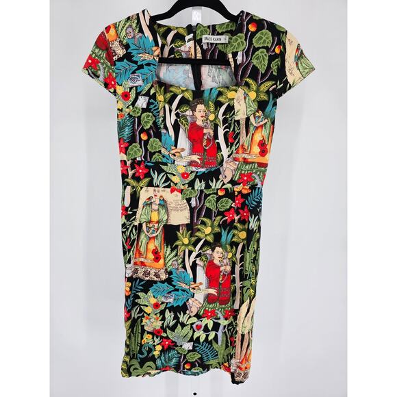 Grace Karin Frida Kahlo Dress 50s Pinup Cap Sleeve Pencil Wiggle Sweetheart MED - Picture 1 of 4